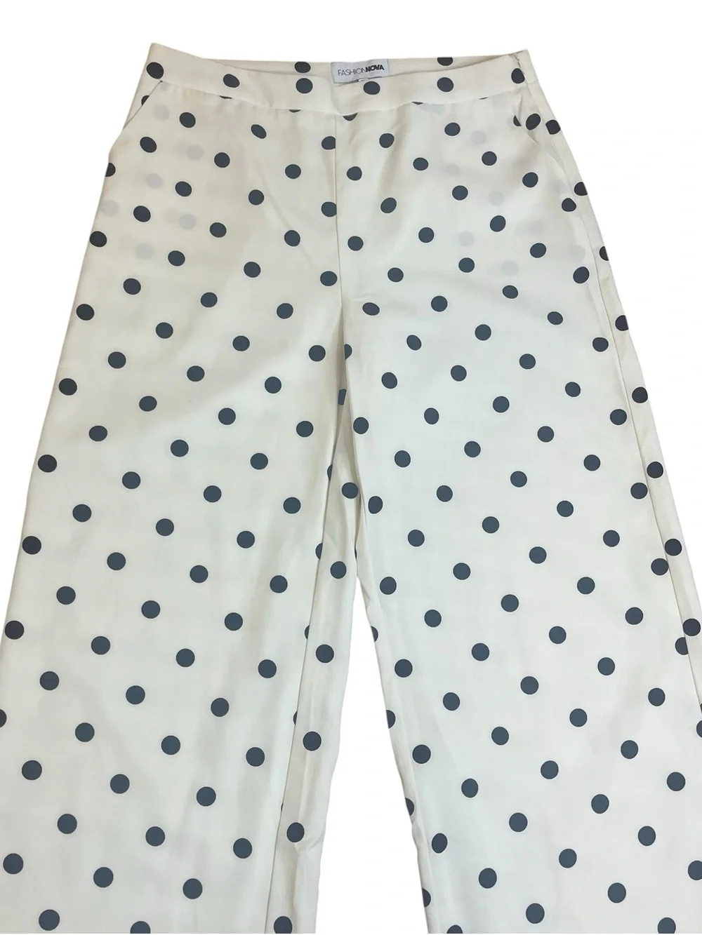 Fashion Nova White Wide-Leg Trouser Pants with Black Polka Dots Sz L